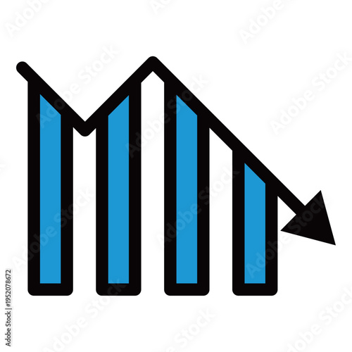 棒グラフの上に下降する矢印のビジネスアイコン（2色・青・減少・低下・赤字・リスク）