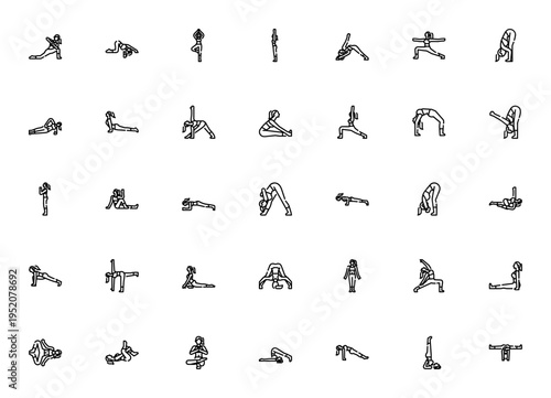 Yoga Pose icon set. Vector illustration pack featuring Revolver, Tree, Warrior, Plank, Pigeon, Mountain, Twist, Bow, Half Moon and more yoga positions.