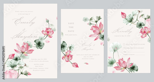 Wedding invitation suite featuring watercolor-style pink lotus flowers and green lily pads on a pale beige background