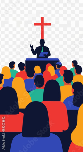 Person speaks to diverse crowd before a cross