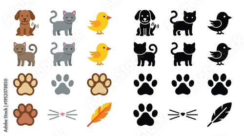 Collection of animal icons including dogs, cats, birds, paw prints, whiskers, and feathers in both colorful and black silhouette styles.