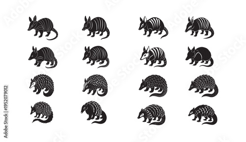 A collection of armadillo silhouettes in various poses on a white background