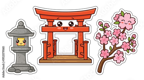 Cute Kawaii Japanese Torii Gate, Stone Lantern, and Cherry Blossom Branch with Smiling Faces.