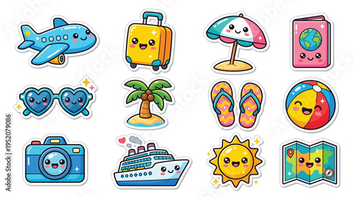 A collection of cute, kawaii-style travel-themed illustrations featuring an airplane, suitcase, sunglasses, camera, and beach items.