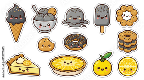 A delightful collection of kawaii-style cartoon desserts and fruits, featuring ice cream, donuts, pies, cookies, and citrus slices, all with adorable smiling faces.