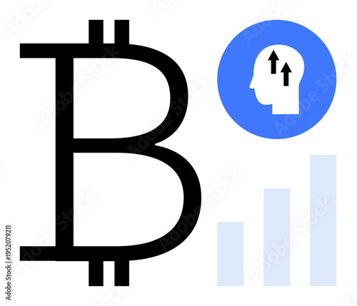Cryptocurrency concept. Bitcoin symbol paired with a rising bar graph and head icon implying innovation and growth. Cryptocurrency trends, blockchain, investments, fintech solutions, economic