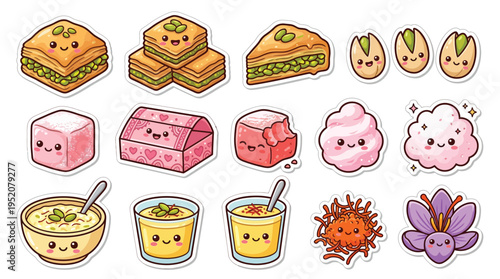 A delightful collection of kawaii-style Middle Eastern desserts and sweets, featuring baklava, Turkish delight, and pistachios with adorable smiling faces.