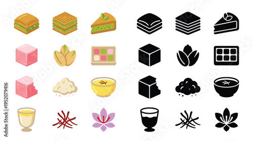 A collection of colorful and black and white icons representing various Middle Eastern sweets, ingredients, and beverages.