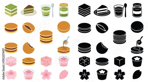 A collection of isometric illustrations of various Japanese sweets and desserts, presented in both color and silhouette.