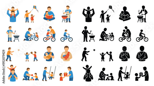 Collection of father and child activities, showing bonding moments and family fun in both colorful and silhouette illustrations.