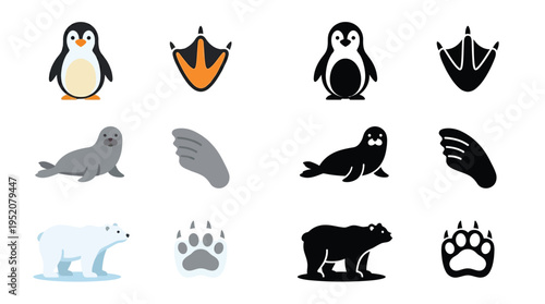 Collection of animal icons and footprints including penguins, seals, polar bears, and black bears.