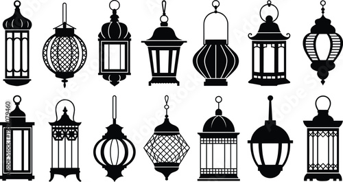 Ramadan lantern silhouette collection, Arabic Islamic hanging lamps set, decorative Eid lantern icons, traditional Middle Eastern lantern vector pack
