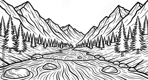 Detailed black and white line art drawing of a scenic mountain landscape with a winding river and evergreen trees in a valley.