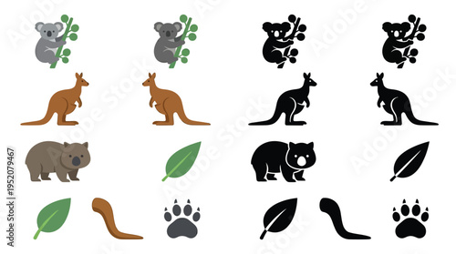 Collection of Australian animal icons and symbols, including koalas, kangaroos, wombats, leaves, and paw prints, presented in both color and silhouette.