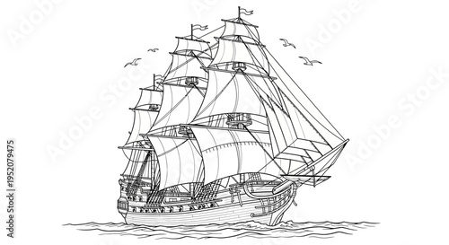 Historical tall ship sailing on rough seas, vintage outline sketch illustration. Nautical maritime vessel, adventure, discovery.
