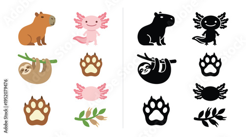Collection of cute cartoon and silhouette animal icons including capybara, axolotl, sloth, and paw prints, with botanical elements.