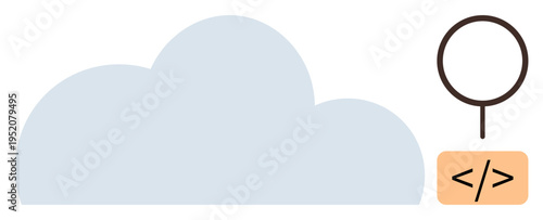 Cloud storage, web development, programming, AI technology, digital analytics, cloud services. Large cloud shape, magnifying glass and code symbol. Cloud storage and web development concepts