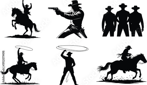 Cowboy silhouettes vector set, western cowboy riding horse, gunslinger and lasso cowboy icons, wild west characters illustration collection