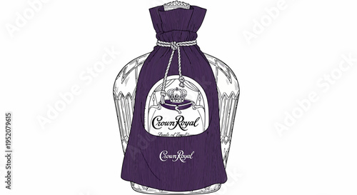 Hand-drawn illustration of a liquor bottle with a distinctive shape, presented in a luxurious purple velvet drawstring bag on white background