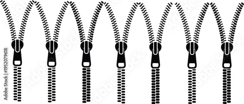 Zipper icon set vector, clothing zipper silhouettes, zip fastener collection, garment sewing accessory symbols, fashion tailoring design elements