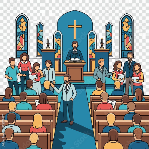 Congregation gathered in a church for a service with a preacher.