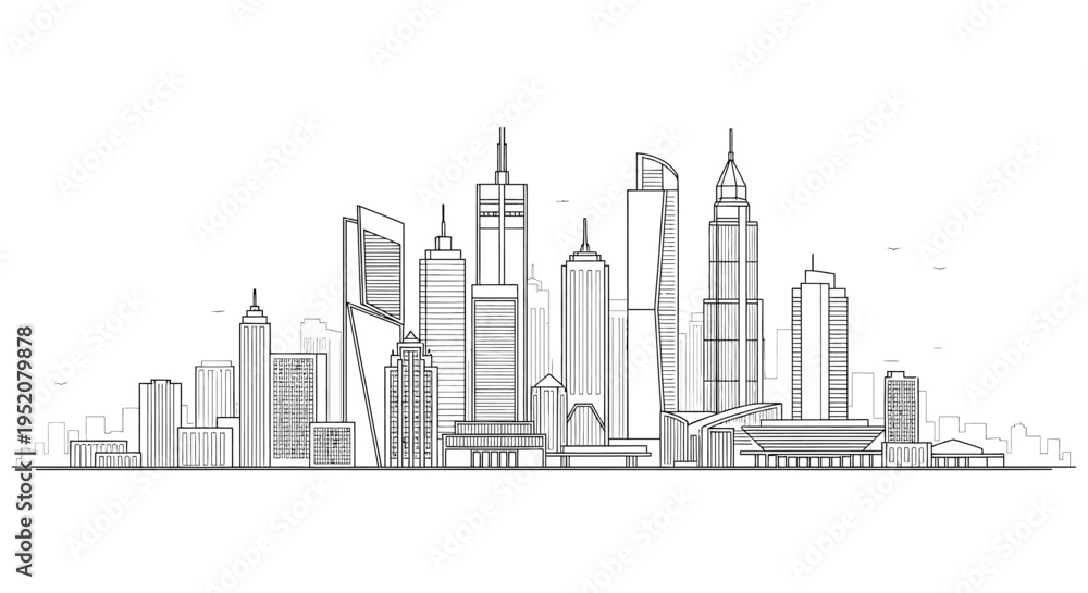 Fototapeta premium Modern City Skyline Line Art Illustration. Urban Metropolis Vector with Outline Skyscrapers, Contemporary Architecture & Downtown Buildings.