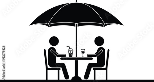 Black silhouette vector illustration of two people sitting at a cafe table under a large umbrella drinking coffee and wine (20 words)