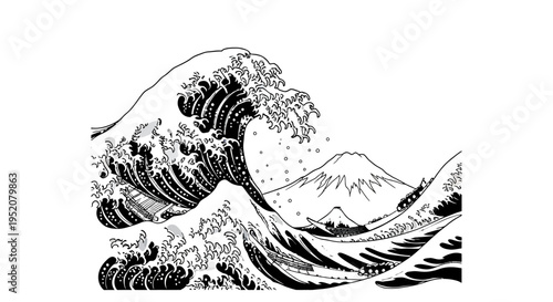 Powerful ocean wave in dynamic line art style, crashing with sea spray, against a majestic mountain landscape background illustration.