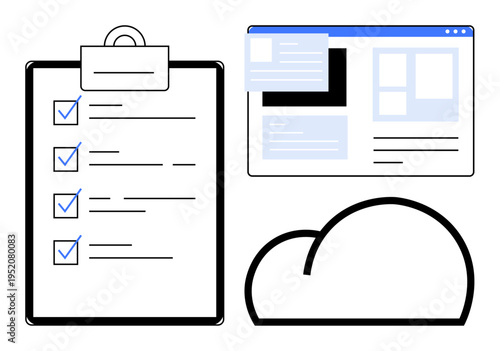 Organization, productivity, task management, cloud storage, web interface, workflow solutions. Checklist, cloud icon and browser window. Organization and productivity concepts for modern tools