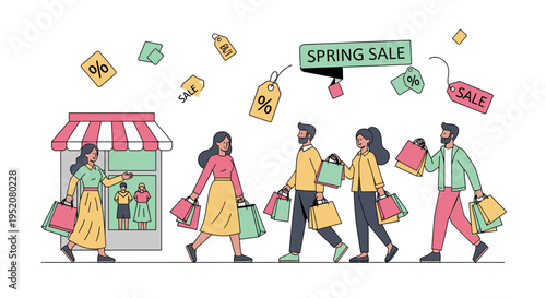 Illustration of diverse people walking with shopping bags under floating sale tags in a colorful, flat design with a lively shopping atmosphere.