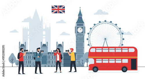 Illustration of tourists in London with Big Ben, London Eye, and red bus against a white background with a British flag.