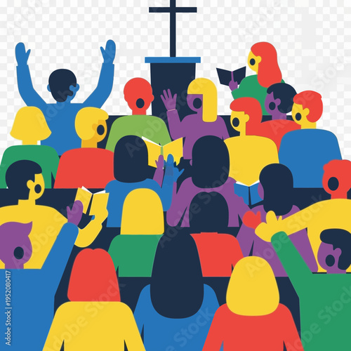 Diverse crowd gathered before a cross and podium.