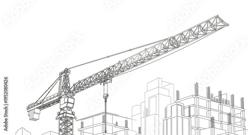 Wireframe blueprint of a modern construction site with a tower crane and city buildings under development, engineering illustration