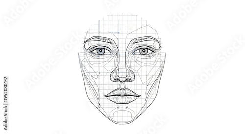 Geometric Grid Overlay on Female Face. AI face scan, digital identity, biometric recognition, beauty proportions, and facial technology concept.