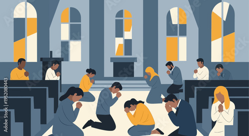 People praying inside a church with stained glass windows.