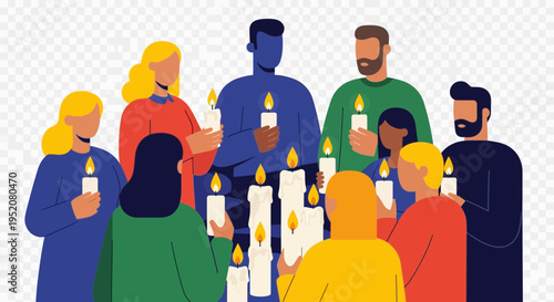 Diverse group of people holding candles in a circle.