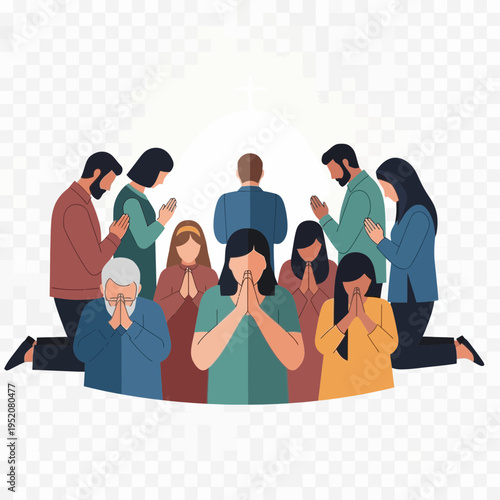 Diverse group of people praying together in a circle.