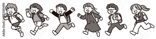 ランドセルを背負って走る小学生の男の子と女の子の子供たちのモノクロイラストセット