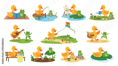 A charming collection of illustrations depicting a cheerful duckling engaging in various delightful activities with its frog friend in a vibrant natural setting.