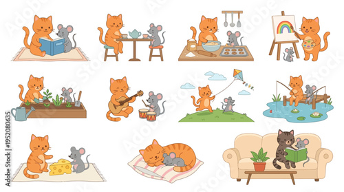 A charming collection of illustrations depicting playful cats and mice engaging in various heartwarming activities together, showcasing friendship and shared moments.