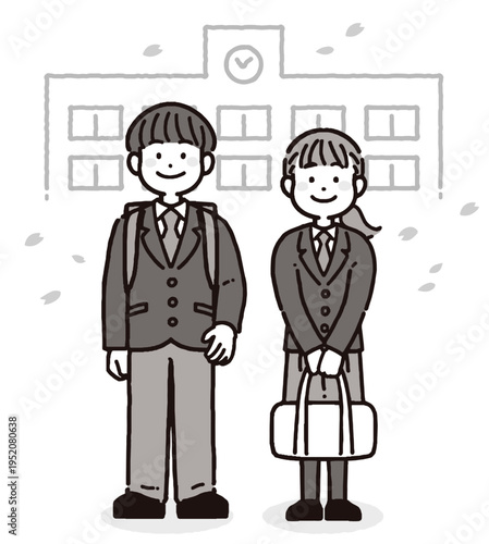 桜吹雪の中、笑顔の男の子と女の子の中学生・高校生のモノクロイラスト