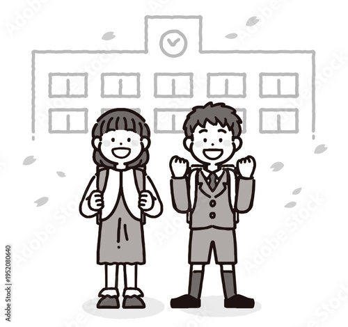 桜吹雪の中、笑顔の男の子と女の子の小学生のモノクロイラスト