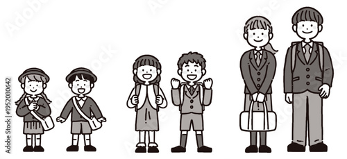 制服姿の園児、小学生、中学生・高校生の笑顔の立ち姿のモノクロイラストセット