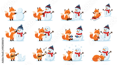 A charming collection of illustrations depicting a playful fox interacting with a snowman in various winter activities, showcasing friendship and seasonal fun.
