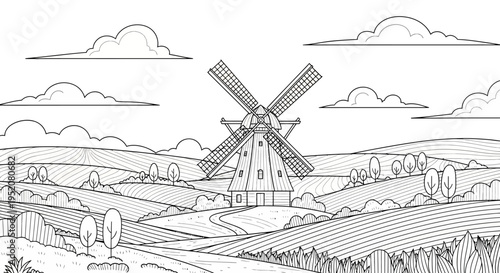 Scenic rural landscape with traditional windmill and fields. Outline illustration for coloring book. Countryside panorama.