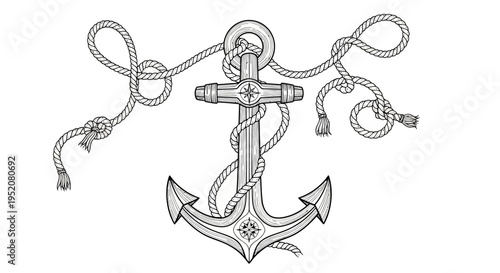 Intricate Nautical Anchor with Rope and Knots Illustration in Vintage Engraving Style, Maritime Symbol