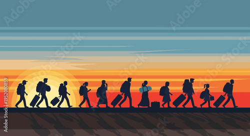 Silhouette group of migrants walking towards sunset horizon