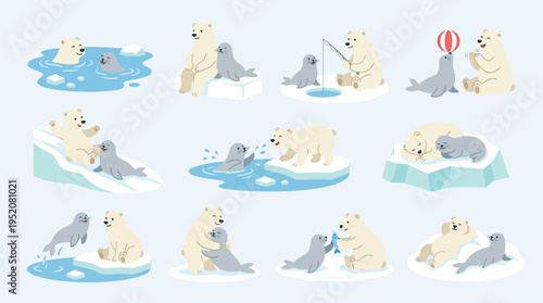 A charming collection of illustrations depicting polar bears and seals interacting in various playful and tender scenarios on ice floes and in water.