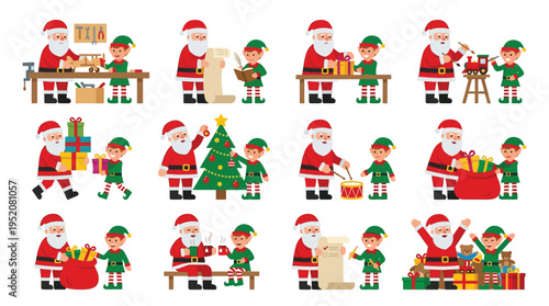 Santa Claus and his elf helpers are busy preparing gifts and decorations for Christmas in a workshop and around a festive tree.