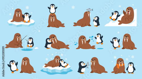 A charming collection of cartoon illustrations depicting playful interactions between penguins and walruses in an arctic environment.